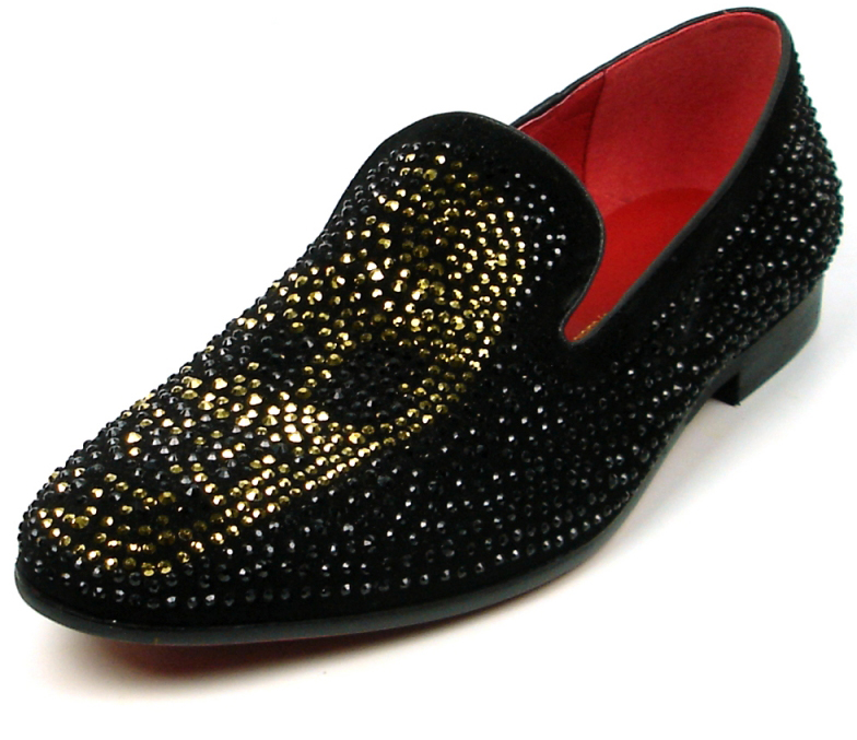 Fiesso Black / Gold Genuine Suede Rhinestone Slip On Shoes FI7405.